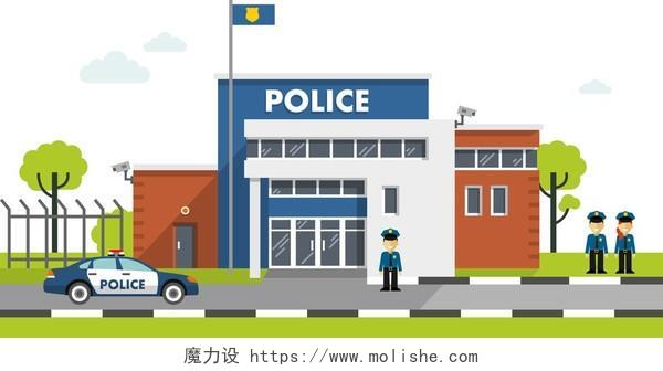 市警察局建筑景观与警察和警察汽车